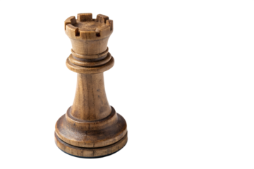 A singular rook chess piece on display isolated on transparent background
