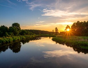 Serene river sunset landscape
