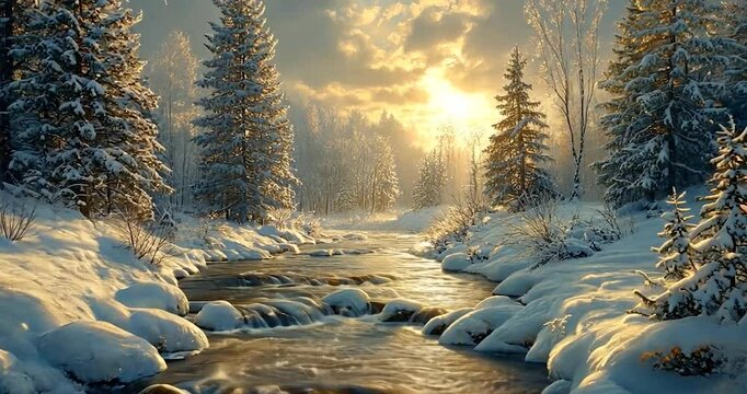 Winter wonderland scene of a snow covered forest with a river flowing through it. The image features snowy forest trees with a beautiful sun and soft light creating a cold, wintry atmosphere