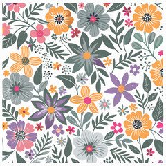 Colorful floral pattern featuring various stylized flowers and botanical elements over white background