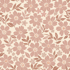 Seamless floral pattern with hand drawn blossoms and foliage in muted rose and tan tones