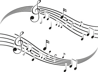 Musical notes stave line pattern symbols icon for staff and music note theme Transparent background wave Piano, jazz sound notes Fun vector key sign Classic clef Doodle