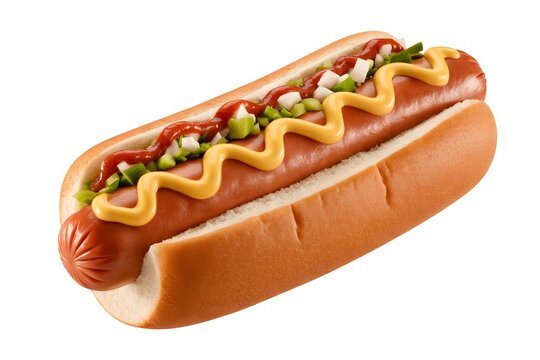 Hot Dog Delight: A mouthwatering hot dog, nestled in a soft bun and adorned with a vibrant array of fresh toppings like mustard and relish, sits ready for enjoyment.