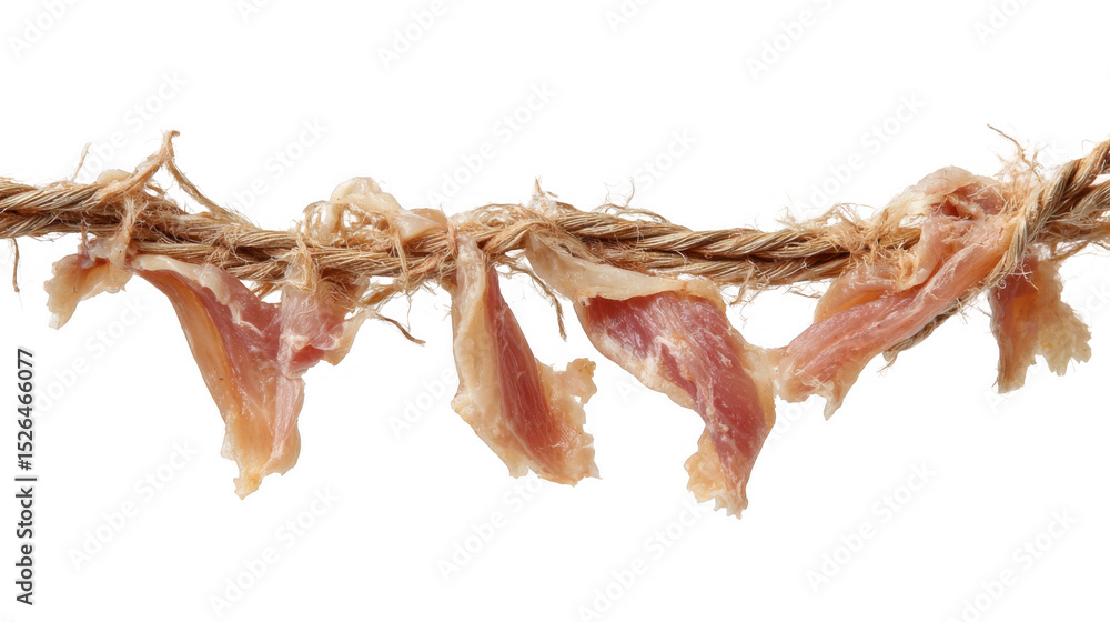 Poster pieces of raw chicken meat are suspended from a simple rope, creating a rustic and intriguing visual