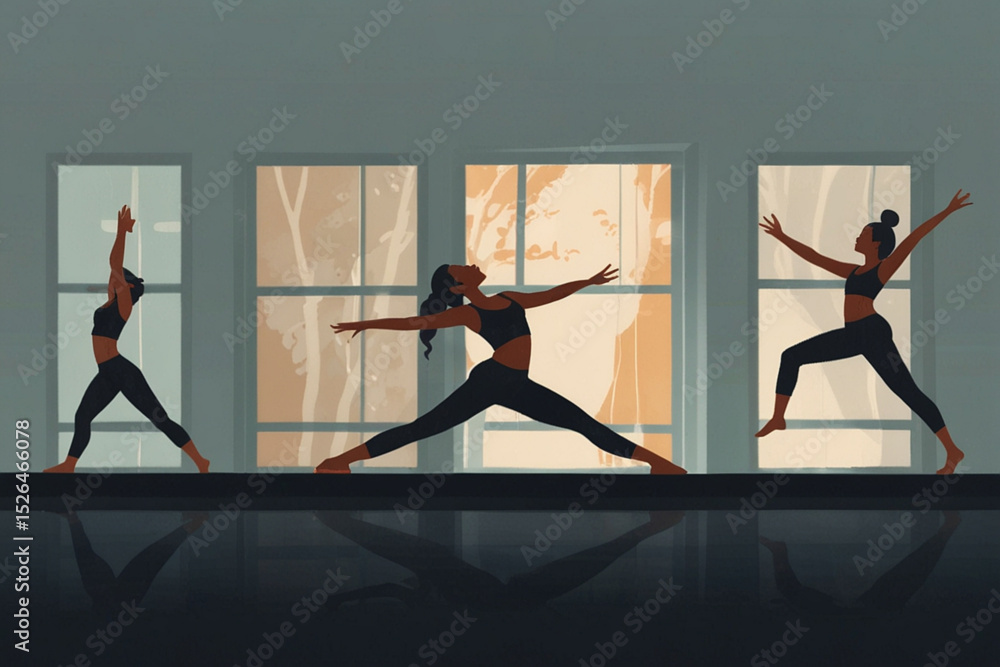 Poster three women in yoga poses in front of large windows in a studio with a reflective floor space create