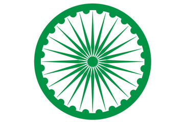 Wheel with spokes vector icon. Ashoka chakra in green colour with shadows and accurate lines. Indian flag Ashoka chakra wheel in flat style. Vector illustration