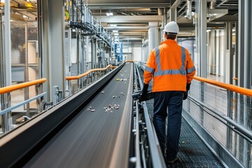 Fototapeta premium Worker in Safety Gear Overseeing Conveyor Belt in Modern Facility