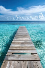 Obraz premium Wooden pier extending into crystal-clear waters under a bright blue sky