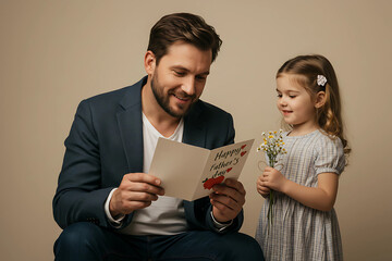 Daughter giving handmade postcard to hispanic father on Father’s Day celebration