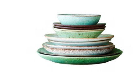 Stack of ceramic plates and bowls in various shades of green, brown, and white, creating a rustic and aesthetically pleasing arrangement against a transparent background