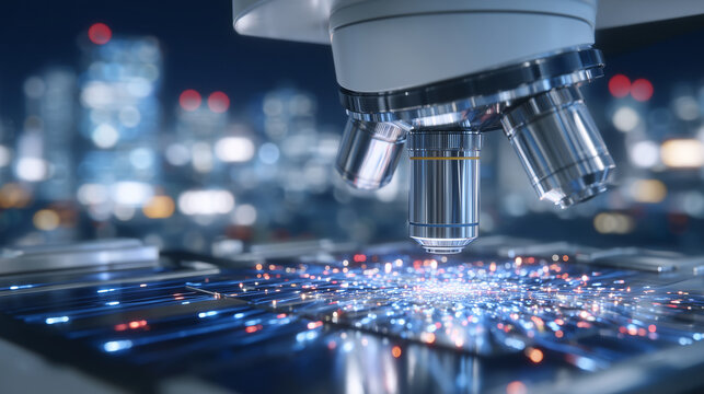 Futuristic microscope scanning radiant nano-particles, vibrant light trails dancing beneath lens in high-tech laboratory environment