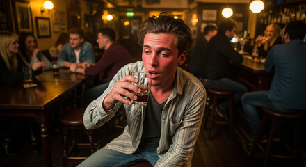 Effects of alcohol: A man with a red face and uncomfortable expression holding a drink, possibly due to alcohol intolerance or excessive drinking
