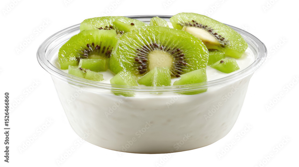 Poster sliced kiwi fruit is placed on top of yogurt in a clear plastic container, creating a healthy and re