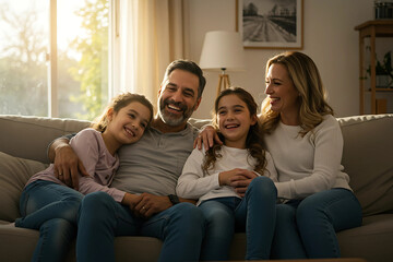 Family, Parents and their child laughing and enjoying quality time and crazy fun, Happy young family relaxing and laughing on the couch together at home