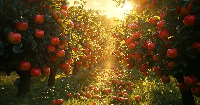 Orchard view of numerous trees full of red apples with bright sun flaring in the background, close up shot. A lush green and red colored scene that is sunny