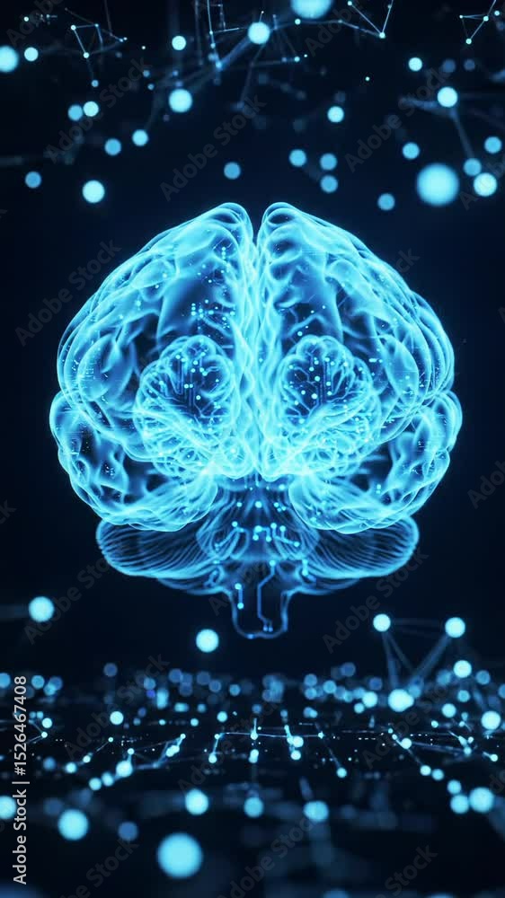 Poster abstract digital graphic of a glowing blue human brain with circuit board patterns & pulsing interna