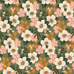 Seamless floral pattern, liberty ditsy print in stylish retro motif. Cute botanical design of hand drawn summer meadow, pretty small flowers, large leaves abstract on green field. Vector illustration.
