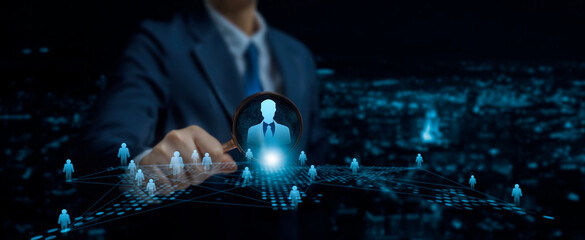Digital recruitment concept showing HR professional analyzing virtual candidates through magnifying glass, representing AI-powered talent acquisition, hiring, and employee selection in modern business