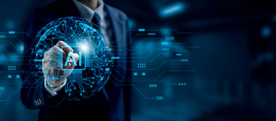 Businessman touching glowing AI icon on digital globe with futuristic technology interface, symbolizing artificial intelligence, innovation, big data, and digital transformation in modern business.