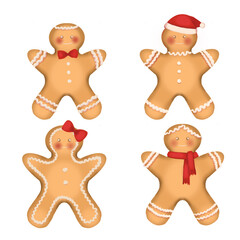 Clip art transparent background with cute gingerbread cookies in festive attire: Santa hats, bows, and scarves, perfect for Christmas wrapping paper, textiles, or holiday-themed designs