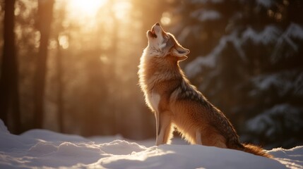 Obraz premium Lone wolf howling in snow-covered forest