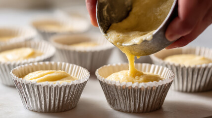Scooping cupcake batter into paper molds