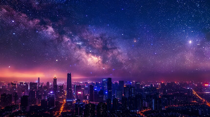 Fototapeta premium a stunning night cityscape with a beautifully realistic Milky Way and countless stars spread across the sky, city skyline. The glowing city lights, soft bokeh