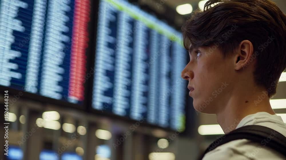 Aufkleber Tourist looking at timetable display looking for his flight information, checking departure time and gate number while waiting in airport terminal