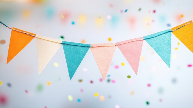 Colorful bunting decorates a festive celebration setting with confetti - Powered by Adobe