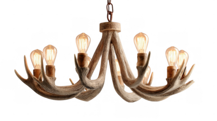 Six glowing light bulbs illuminate a rustic antler chandelier, creating a warm and inviting ambiance against a transparent background, perfect for interior design projects