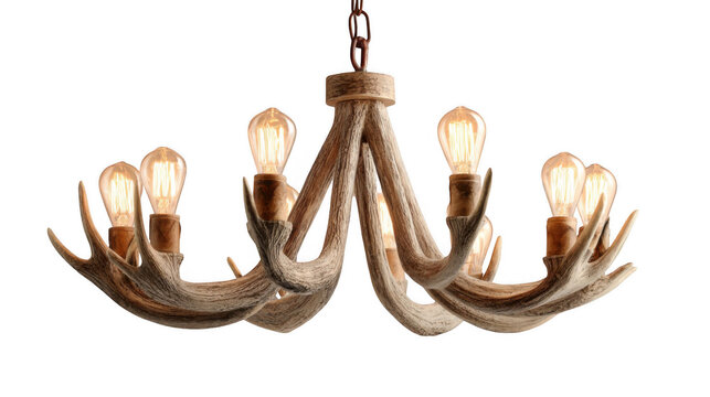 Six glowing light bulbs illuminate a rustic antler chandelier, creating a warm and inviting ambiance against a transparent background, perfect for interior design projects