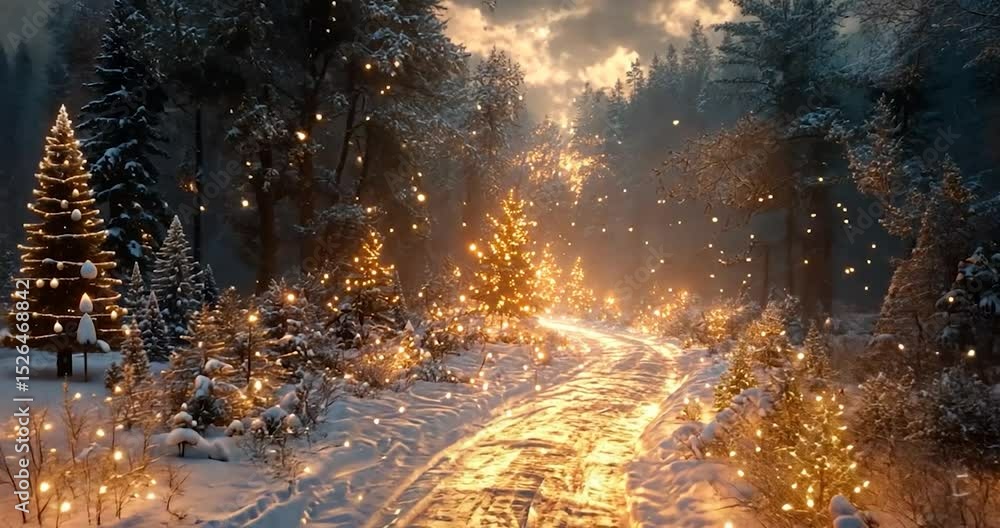 Poster winter scene in a snowy forest with lights along a path creating a warm, inviting atmosphere