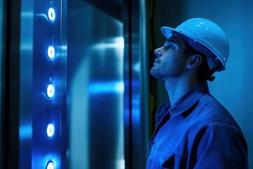 Man in Safety Helmet Standing in Front of Elevator Buttons