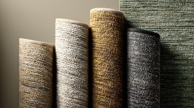Elegant rolls of textured carpets in neutral tones for interior design inspiration