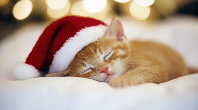 Cute ginger kitten wearing a Santa hat peacefully sleeping on soft bedding