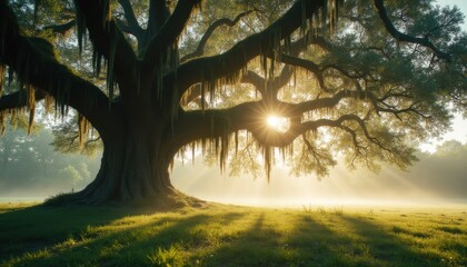 Fototapeta premium Large oak tree with Spanish moss and sun rays in serene morning light