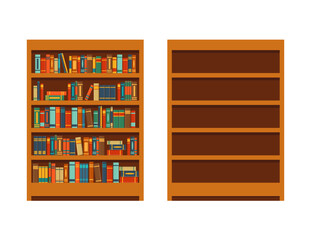 Full and empty book shelves isolated on white background. Vector stock