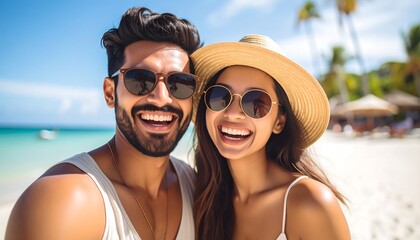 Happy couple laughing on beach