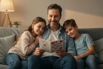 Happy father with daughter and son sitting on sofa reading father's day greeting card, father's day concept and gifts for father