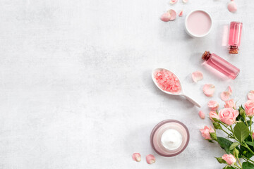 Skin care cosmetic products with roses essential oil. Beauty routine concept