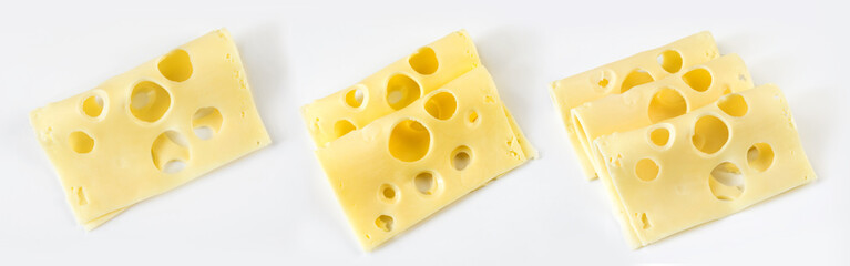 set with slices of maasdam. Collection of tasty cheese slices