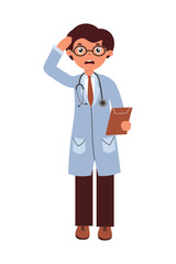 Doctor in confusion while holding a clipboard in a cartoon style setting. Vector isolated illustration in flat style on white background.