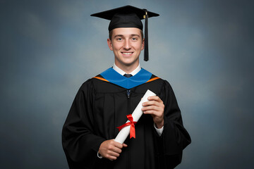 Male graduate proudly holding diploma in studio setting blue background, ideal for academic achievement and university success visuals

