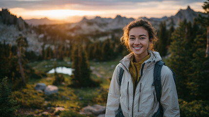 Wide shot of smiling woman hiking on forested mountain path, sun filtering through tall pine trees, distant peaks under vibrant sky, peaceful harmony between traveler and landscape
