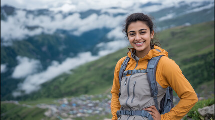 Naklejka premium Young woman standing confidently on mountaintop trail, backpack secured, arms relaxed, breathtaking valley and cloud formations behind, her smile expressing achievement and joy of