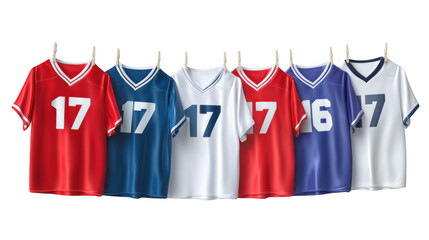 Red, blue, and white team jerseys with different numbers hang on clothespins against a transparent background, creating a sporty and customizable design element