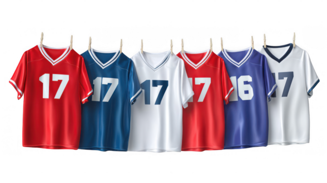 Red, blue, and white team jerseys with different numbers hang on clothespins against a transparent background, creating a sporty and customizable design element