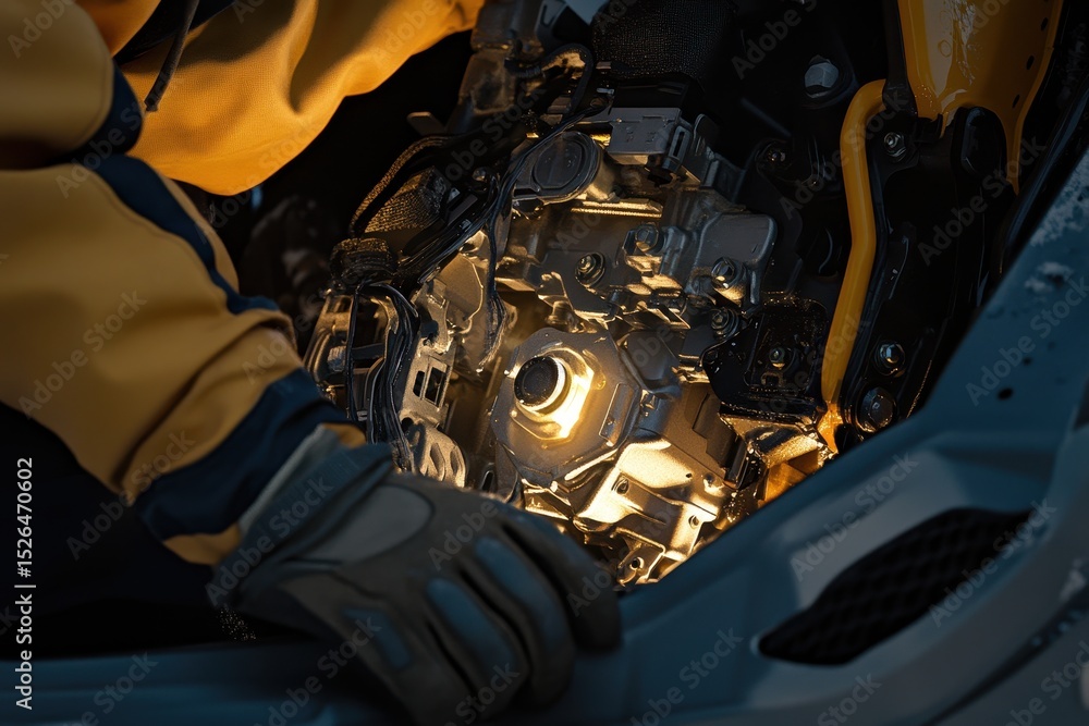 Poster mechanic working on engine with close-up of light and components