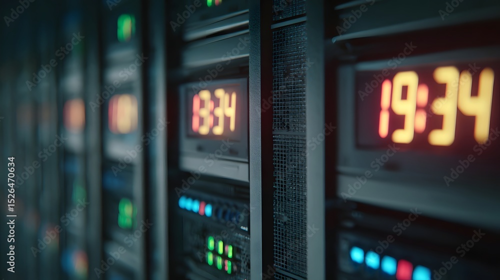 Poster digital display panels showing time in a server room, highlighting technology and data management