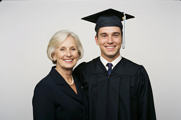 Happy male graduate in cap and gown celebrating with proud mother on white background, perfect for family graduation moments